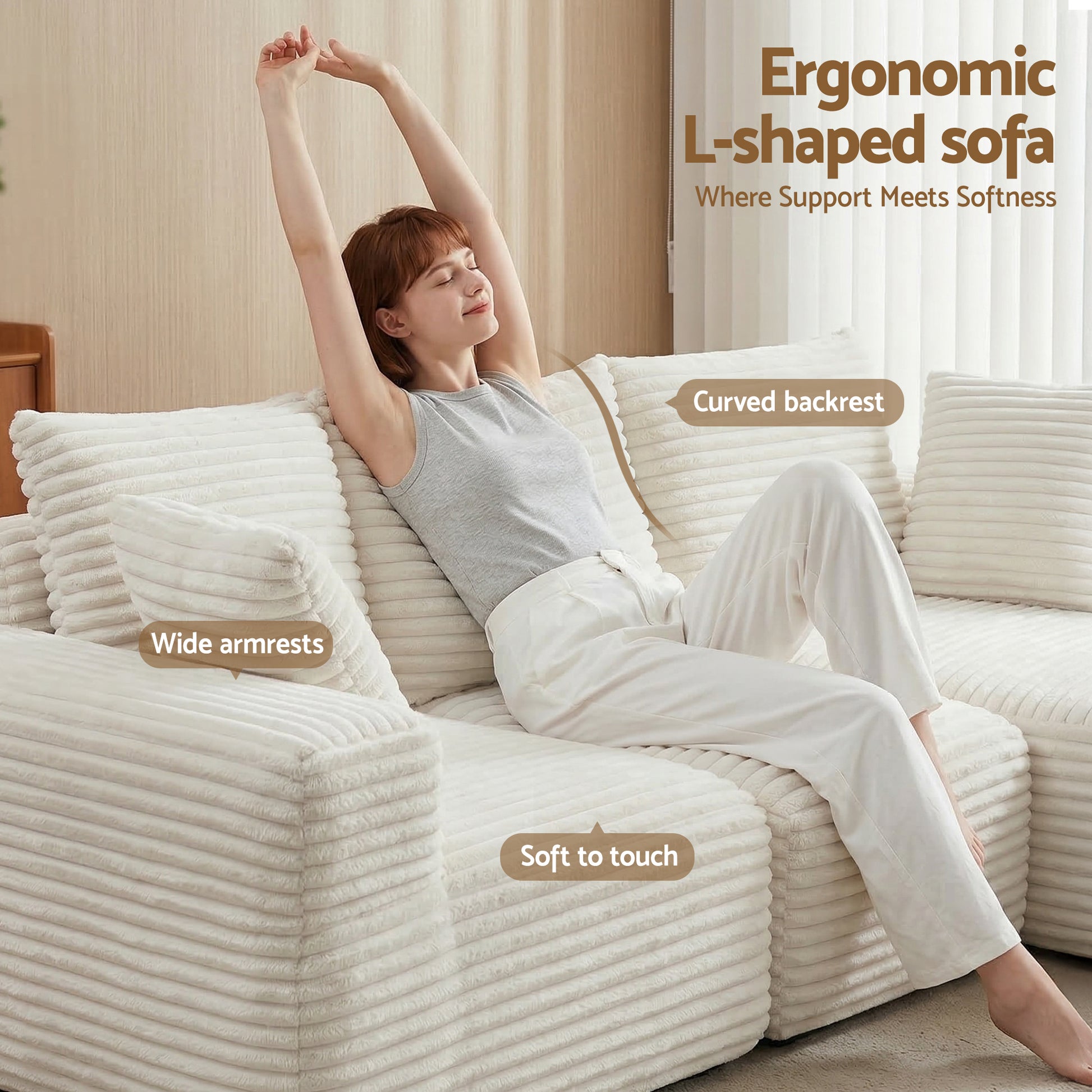 L-Shape Modular Sofa Bed Corduroy 3 Seater | HomeAndLiving