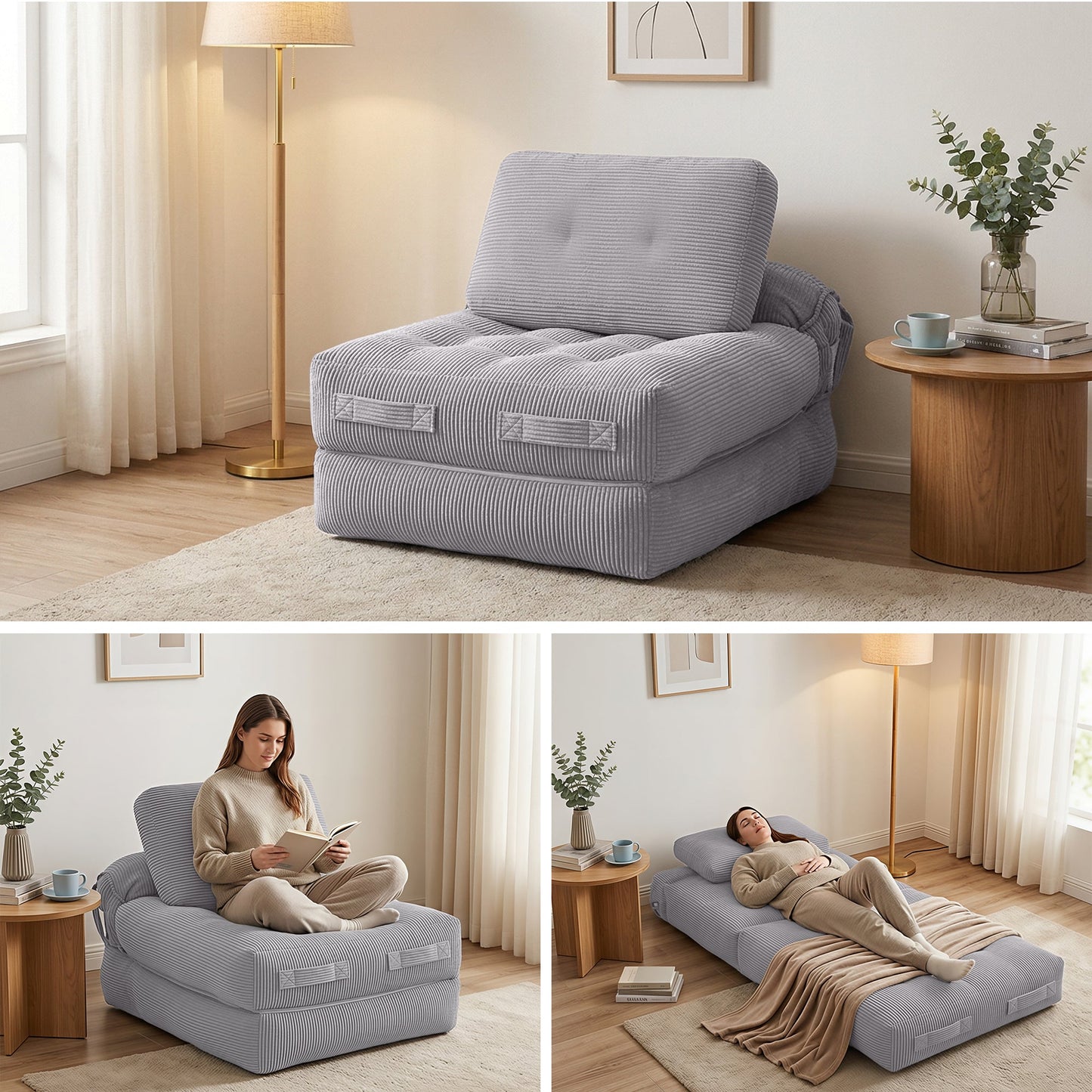 Corduroy Sofa Bed 1 Seater Convertible Couch Grey | Home & Living