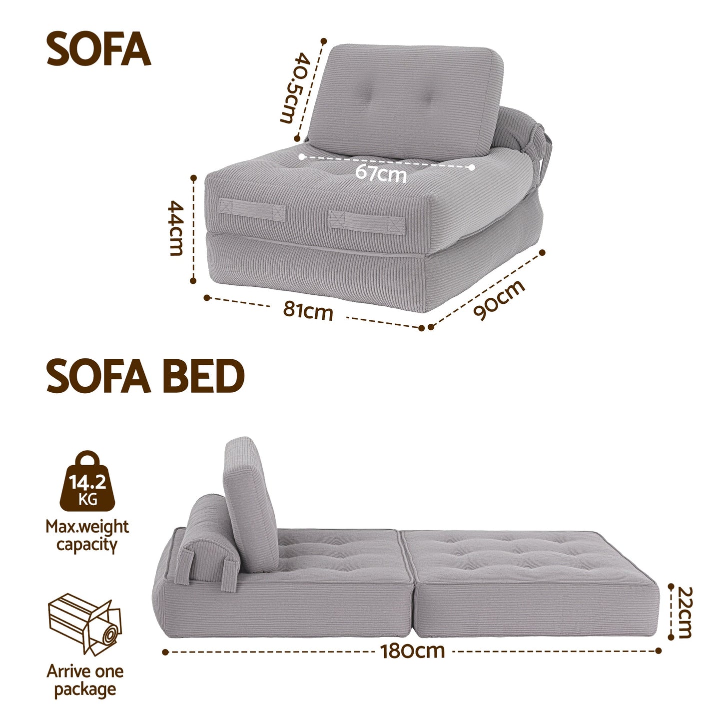 Corduroy Sofa Bed 1 Seater Convertible Couch Grey | Home & Living