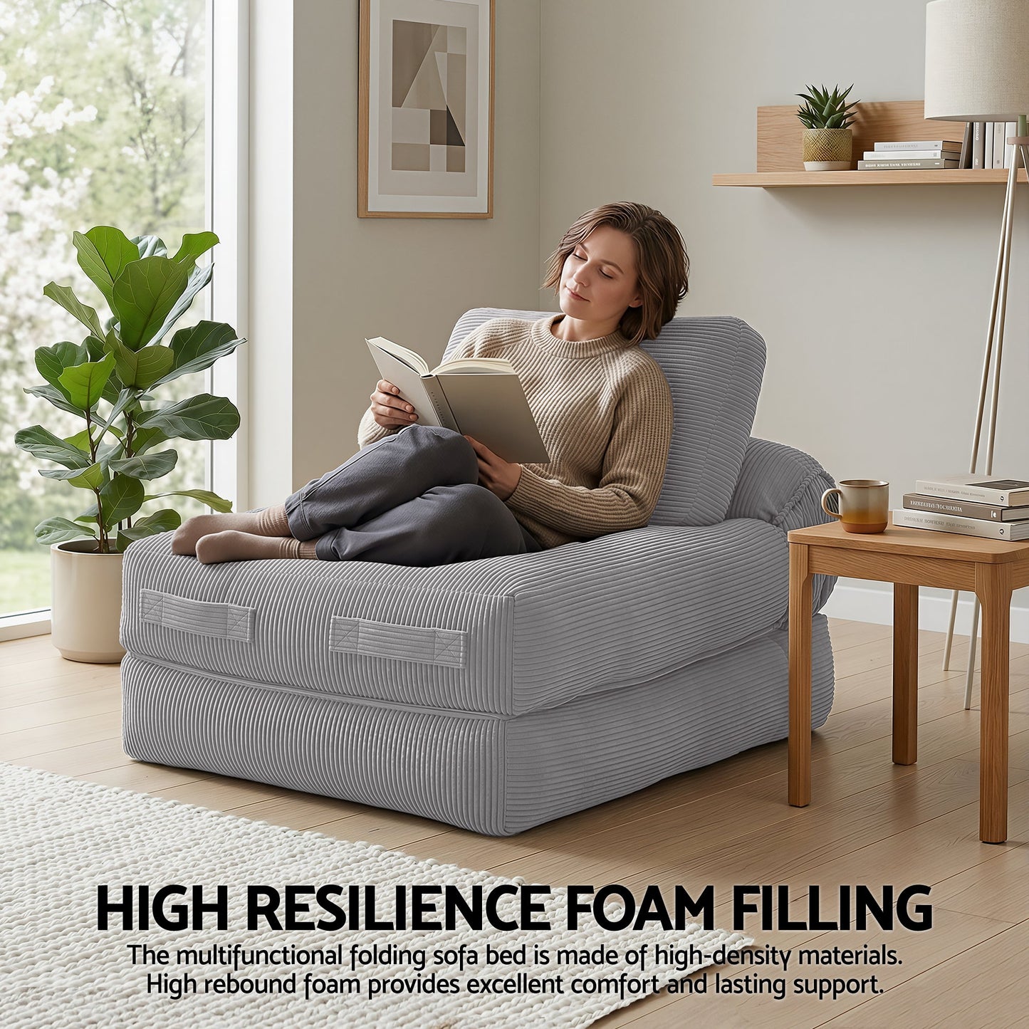 Corduroy Sofa Bed 1 Seater Convertible Couch Grey | Home & Living