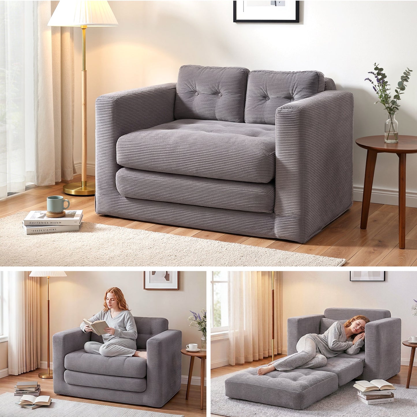 2 Seater Corduroy Sofa Bed Foldout Couch Grey | Home & Living