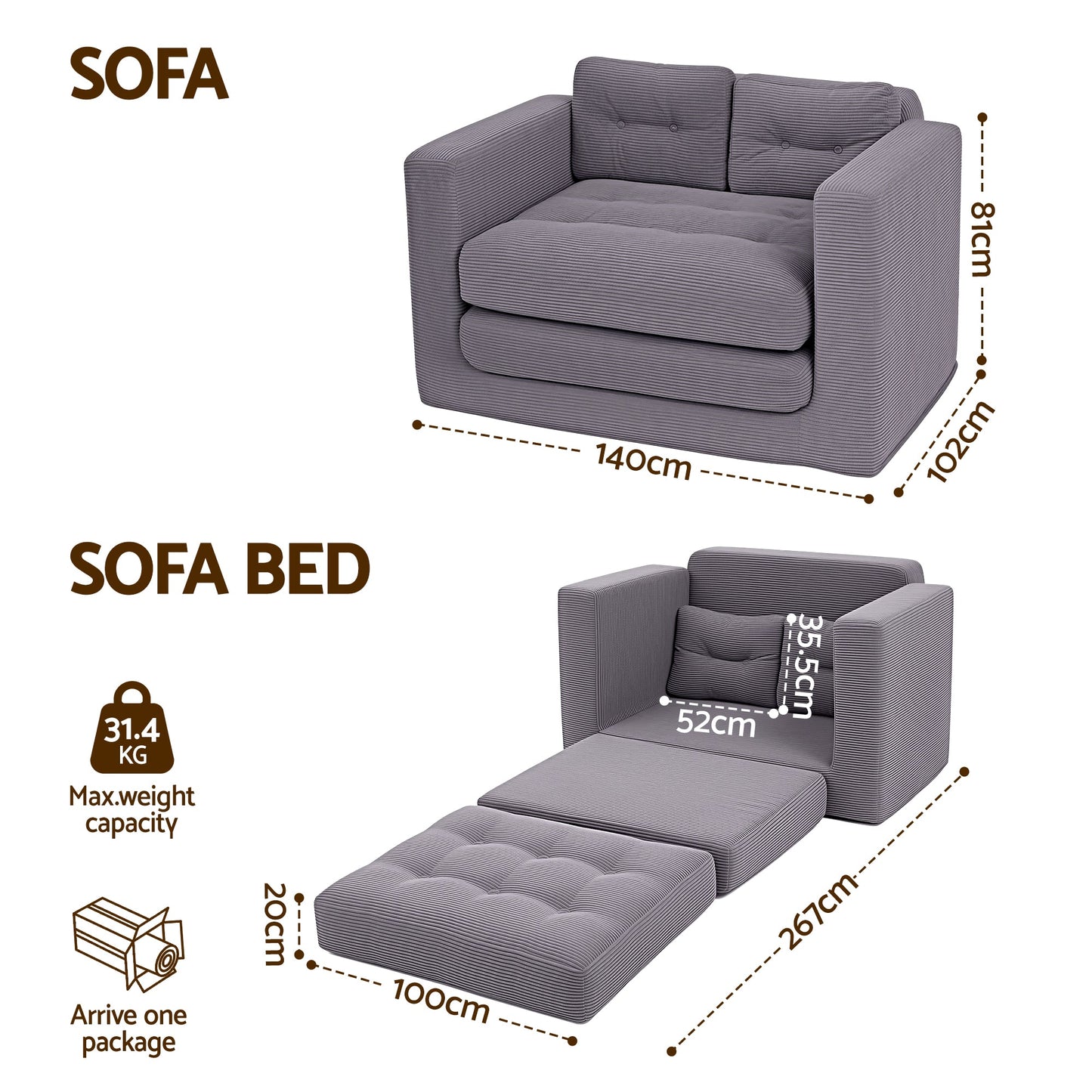 2 Seater Corduroy Sofa Bed Foldout Couch Grey | Home & Living