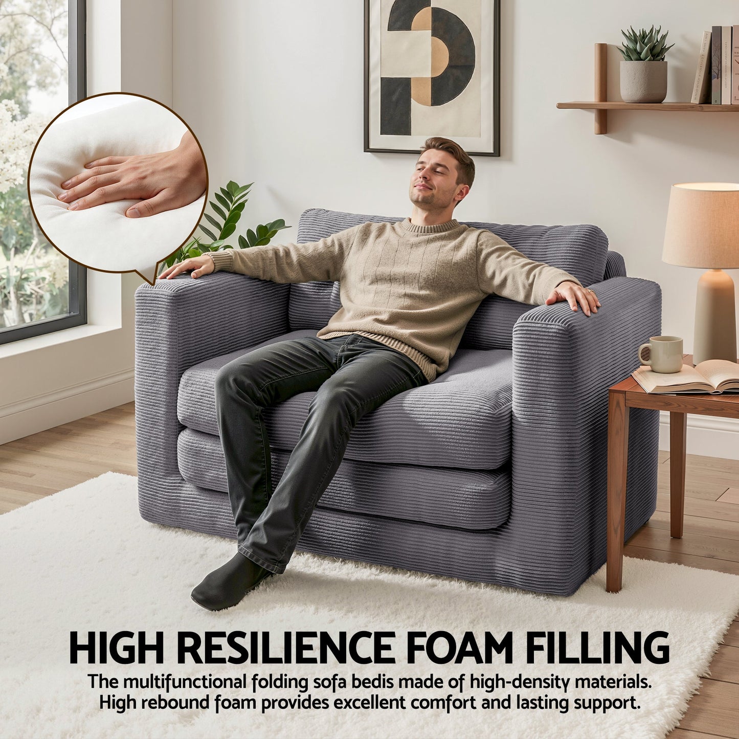 2 Seater Corduroy Sofa Bed Foldout Couch Grey | Home & Living
