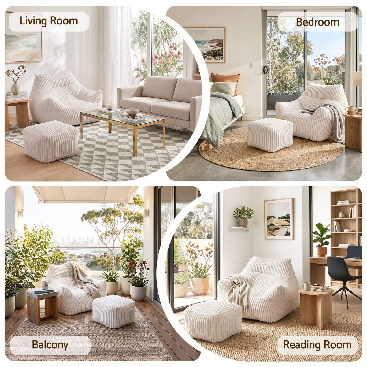 Bean Bag Sofa White Ottoman 103x102x71cm