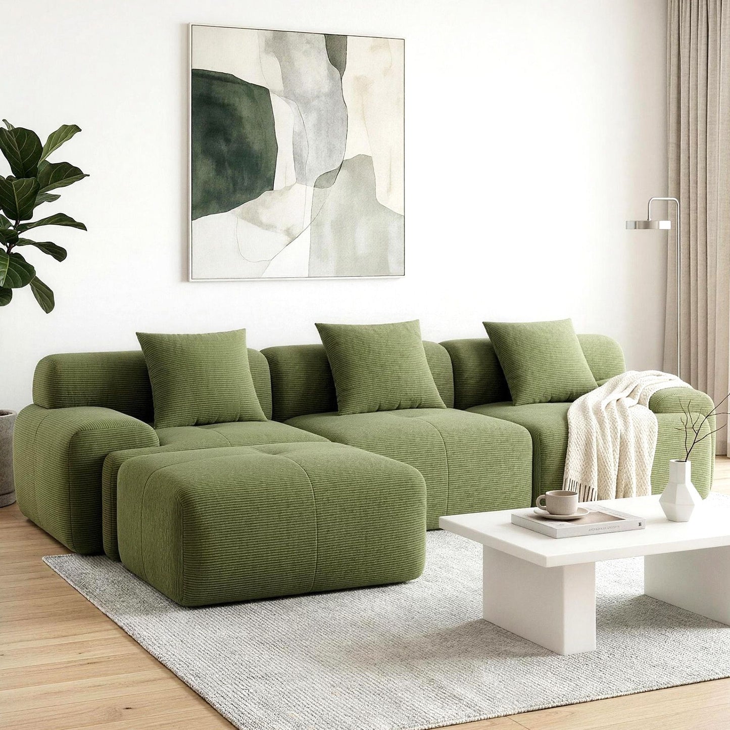 L-Shaped Modular Sofa Bed Green Corduroy | HomeAndLiving