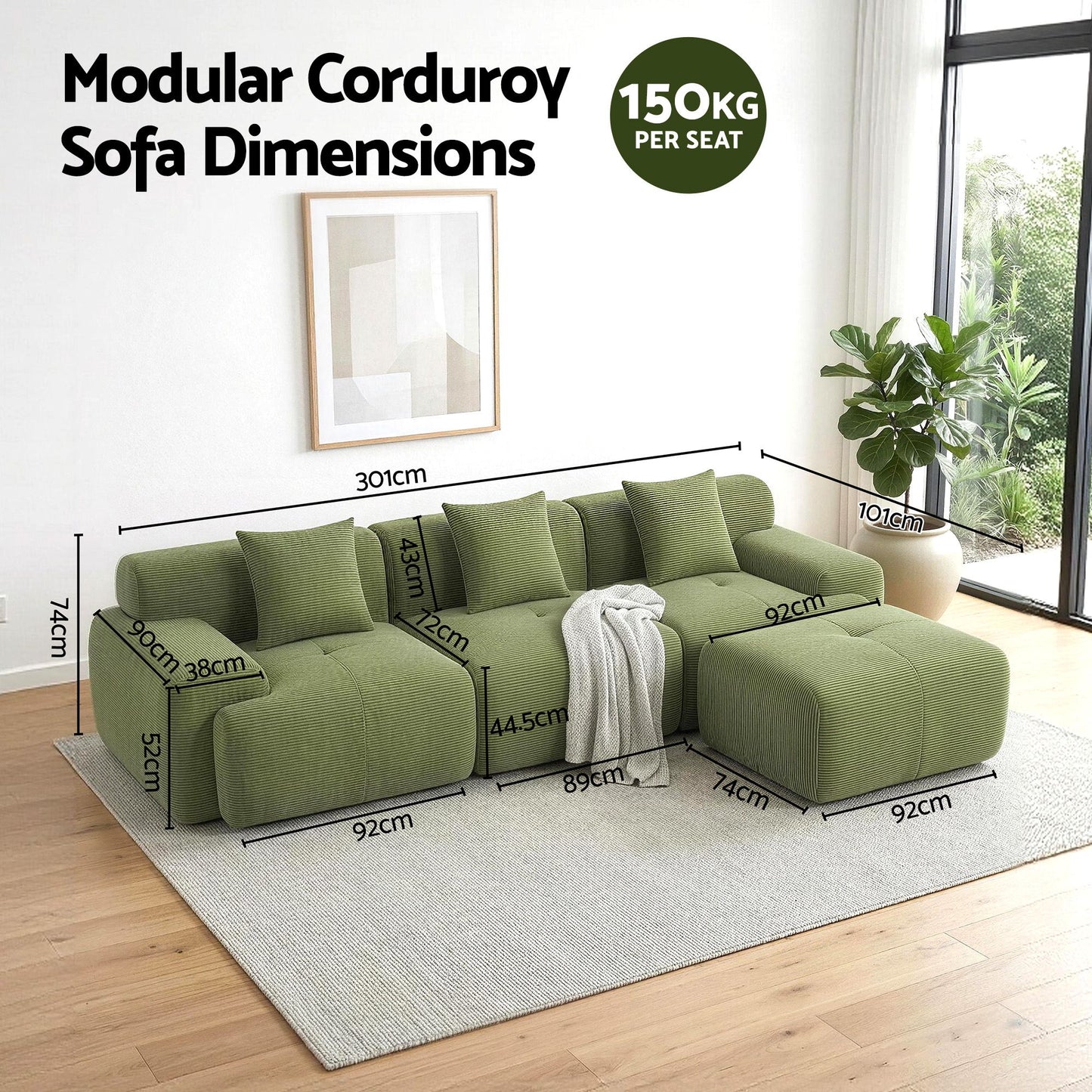 L-Shaped Modular Sofa Bed Green Corduroy | HomeAndLiving - 2