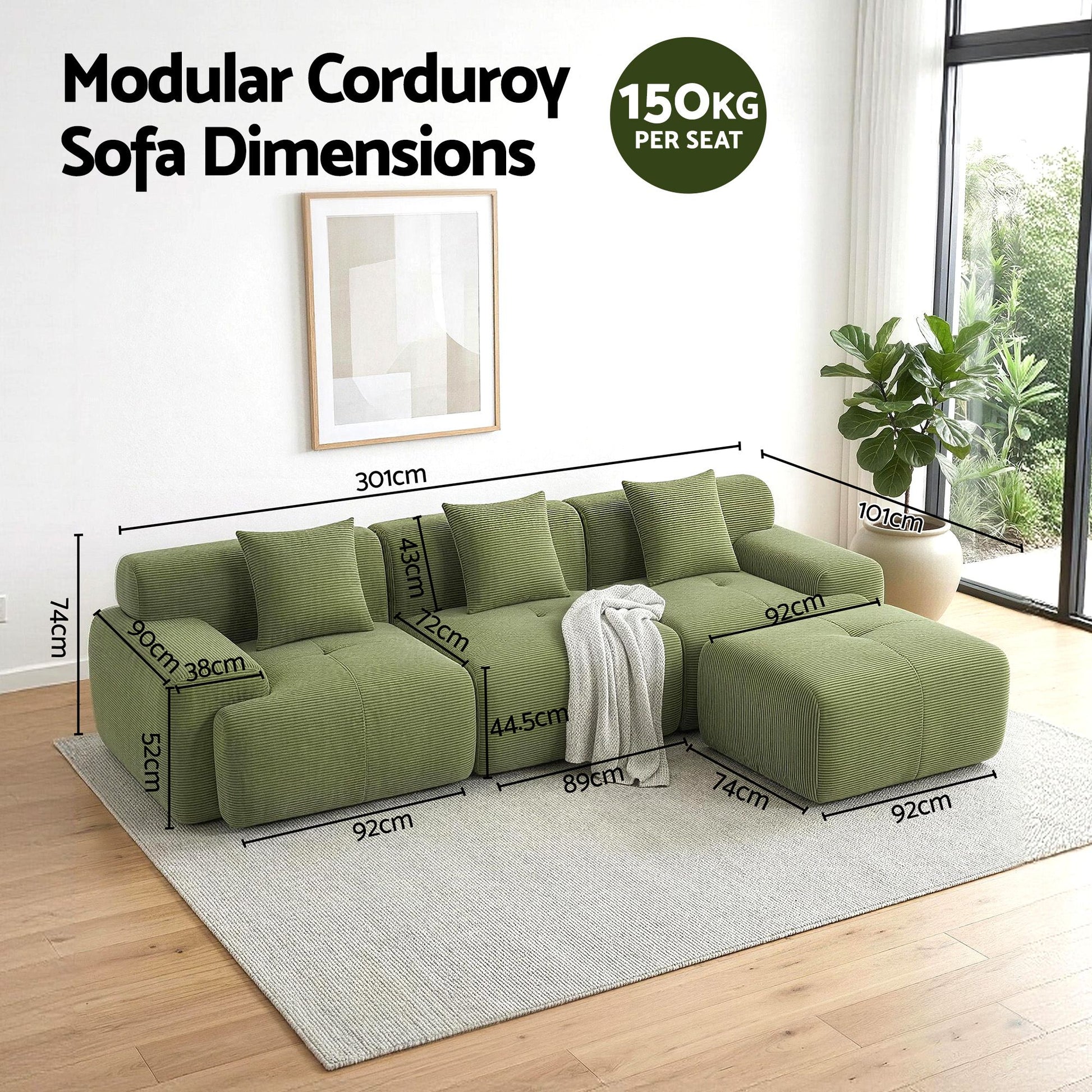 L-Shaped Modular Sofa Bed Green Corduroy | HomeAndLiving - 2