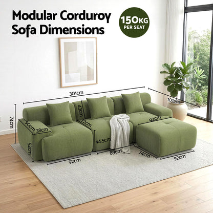 L-Shaped Modular Sofa Bed Green Corduroy | HomeAndLiving - 2