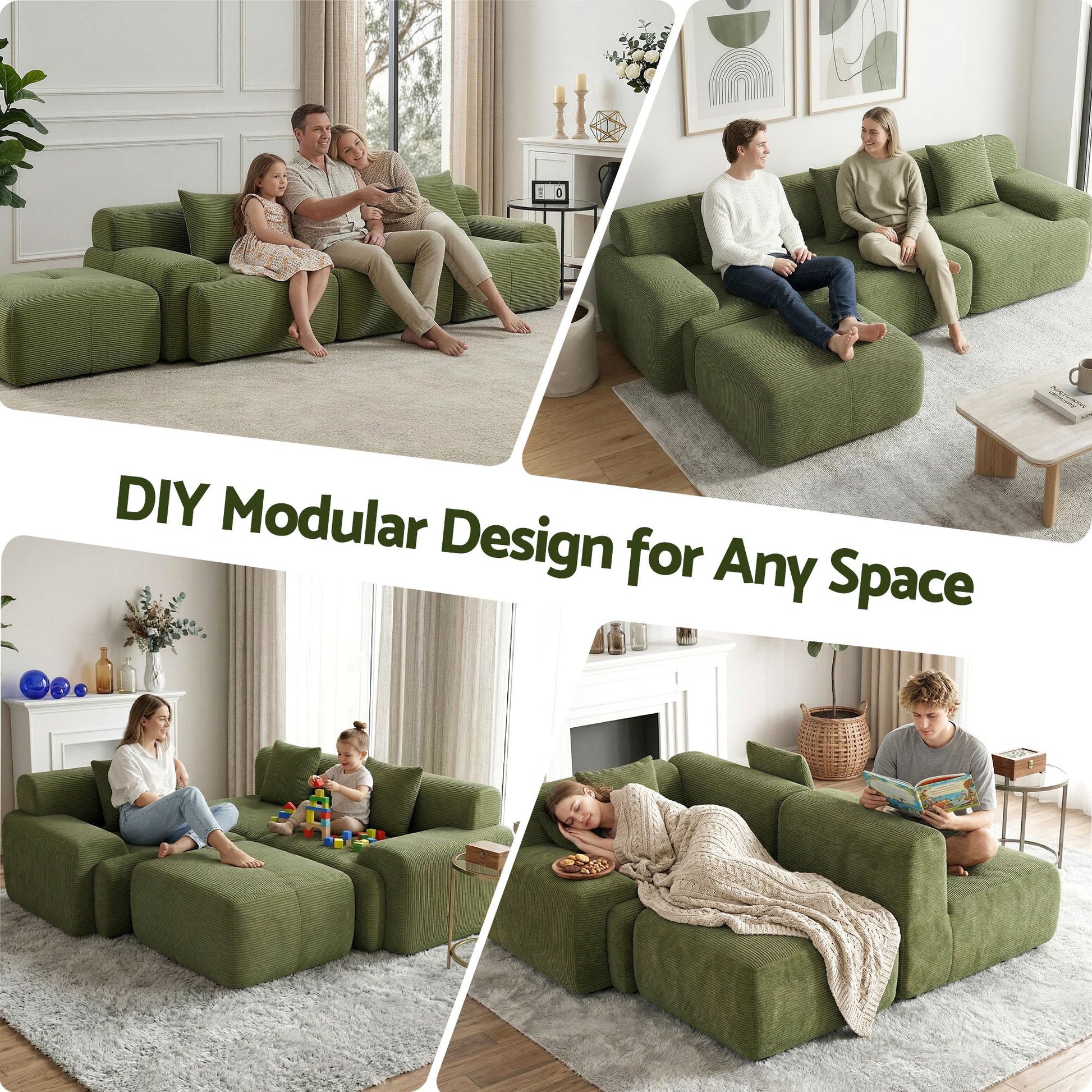 L-Shaped Modular Sofa Bed Green Corduroy | HomeAndLiving - 4