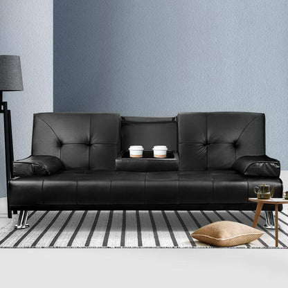 Sofa Bed Lounge Convertible Leather Couch Bed 3 Seater Cupholder Recliner