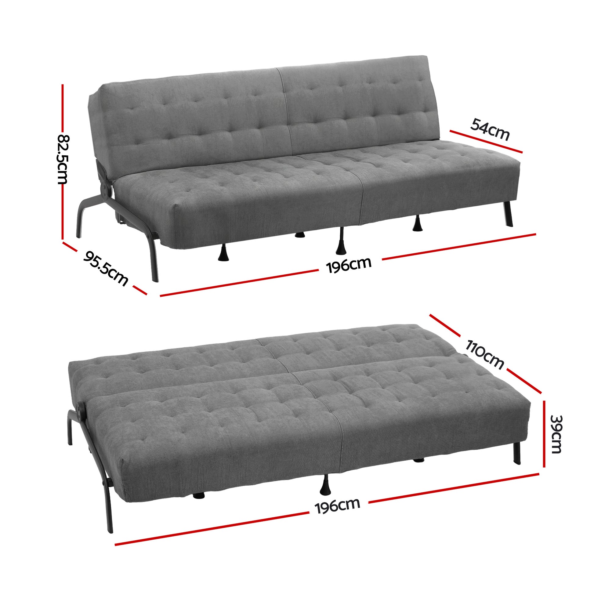 3-Seater Sofa Bed Innerspring Futon Couch Grey | HomeAndLiving