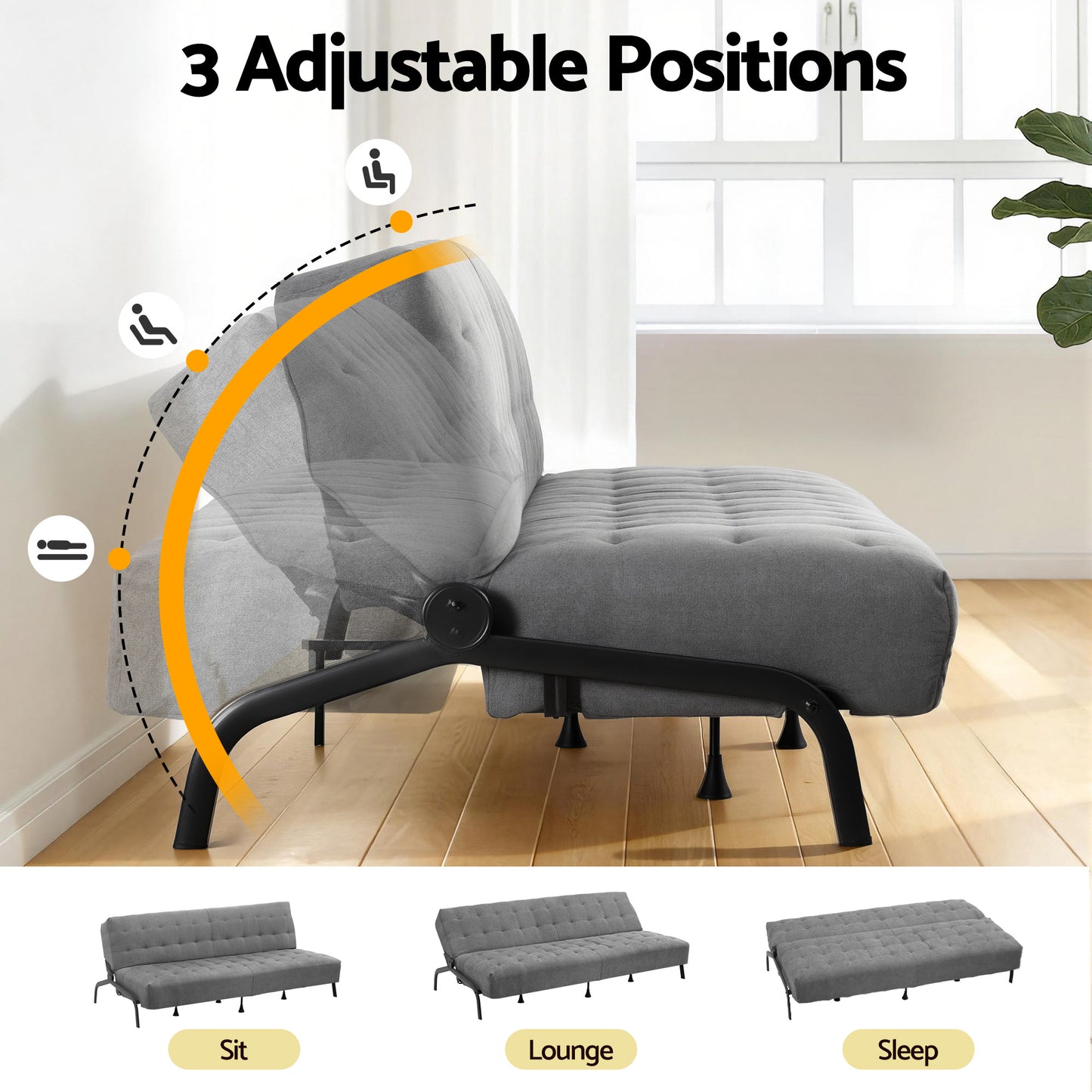 3-Seater Sofa Bed Innerspring Futon Couch Grey | HomeAndLiving