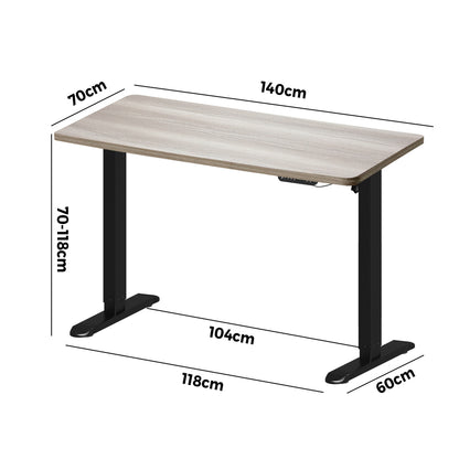 Electric Standing Desk 140CM Single Motor Height Adjustable Black Grey & White Oak