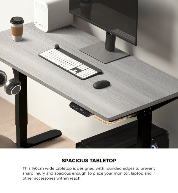  Electric Standing Desk 140CM Single Motor Height Adjustable Black Grey & White Oak