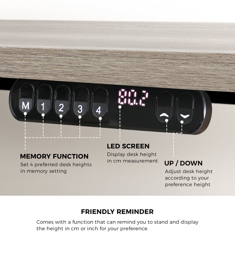 Electric Standing Desk 140CM Single Motor Height Adjustable Black Grey & White Oak