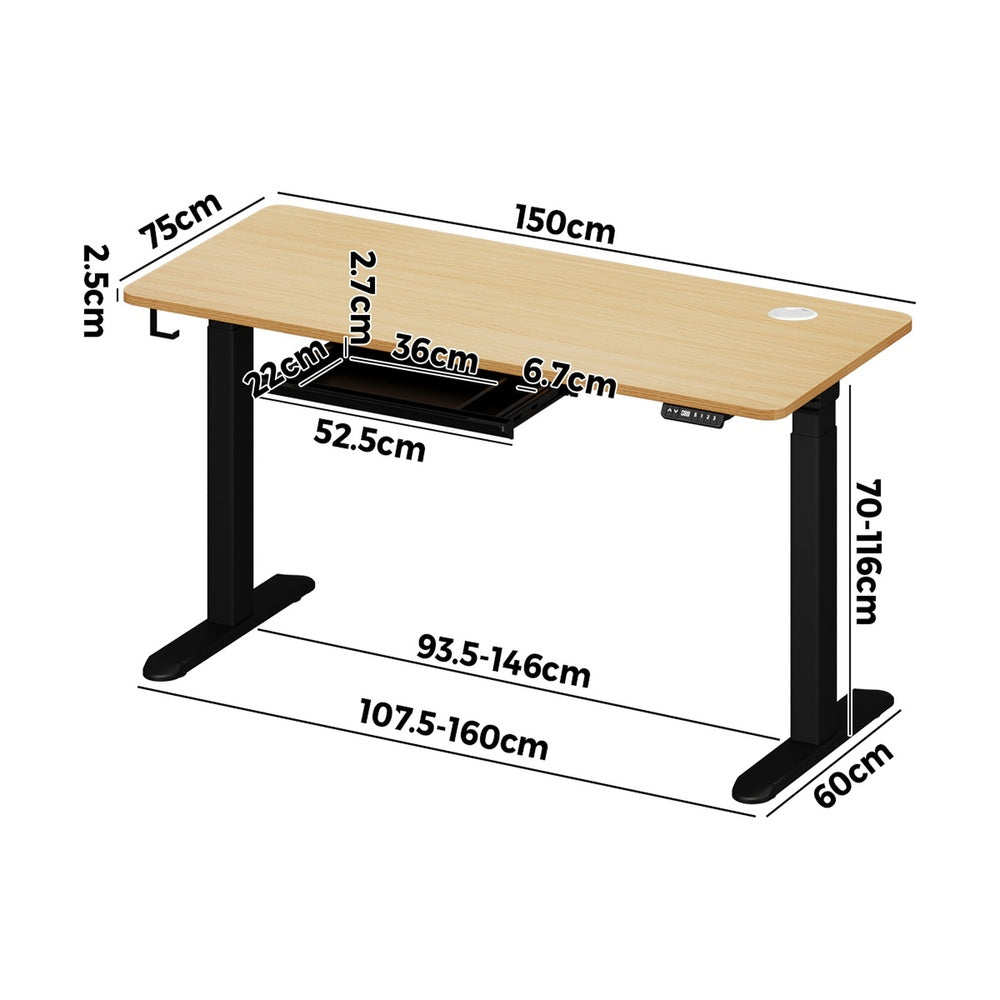 150cm Electric Standing Desk with Drawer Adjustable Black & White Oak