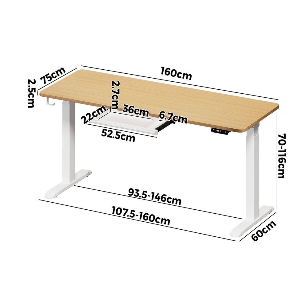 160cm Electric Standing Desk with Drawer Adjustable White Oak