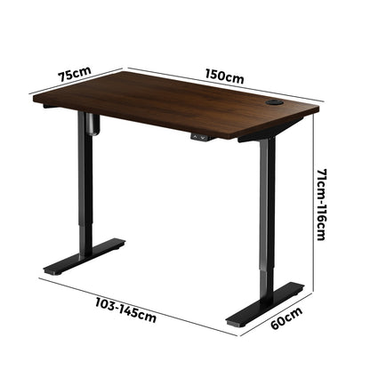 Electric Standing Desk Single Motor Height Adjustable Sit Stand Table Black and Walnut 150cm
