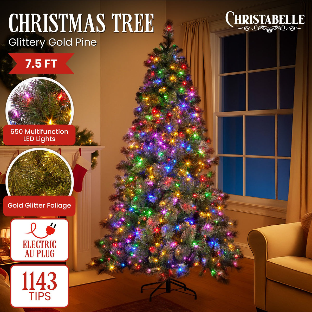 7.5ft Christmas Tree Glittery Gold Pine 650 LED Multi functional Lights Xmas Decor