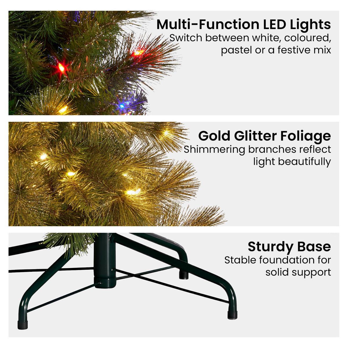 7.5ft Christmas Tree Glittery Gold Pine 650 LED Multi functional Lights Xmas Decor