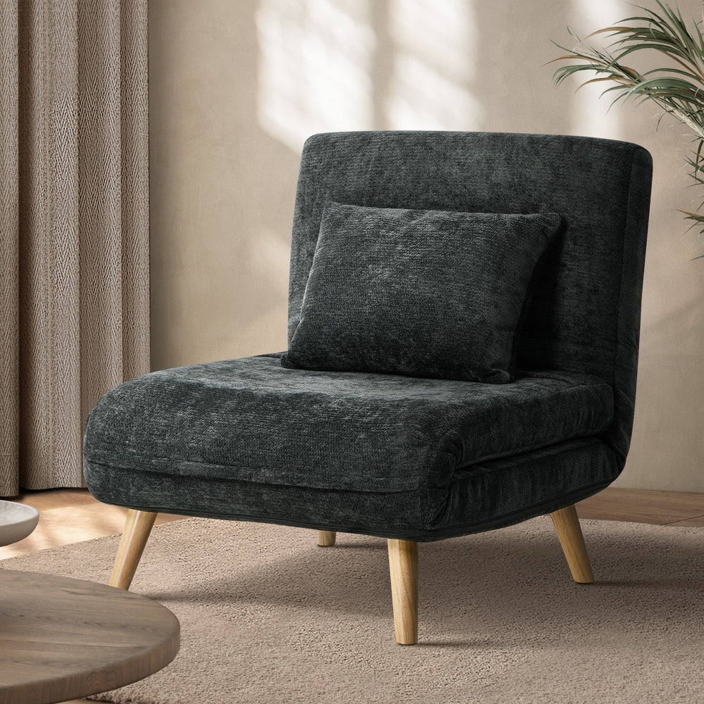 Sofa Bed Chair Chenille Recliner Wooden Leg Single Seat Charcoal/Yellow