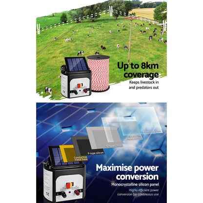 Fence Energiser 8Km Solar Powered Electric 500M Poly Rope