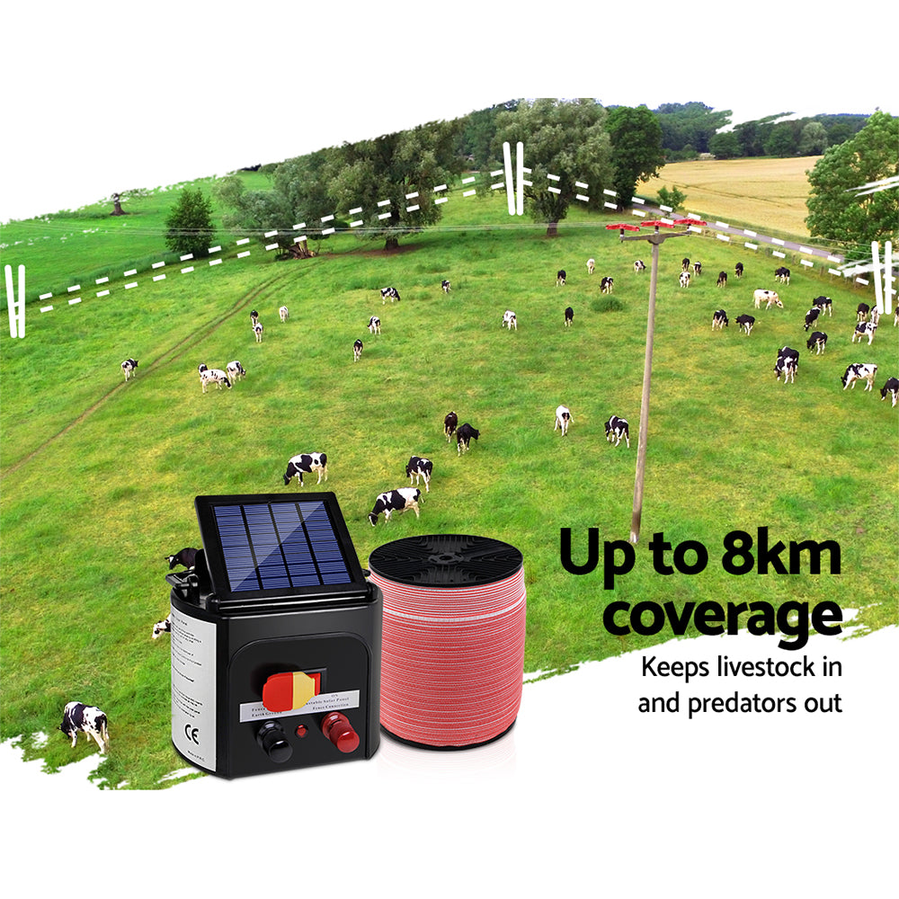 Fence Energiser 8Km Solar Powered Electric 1200M Poly Tape