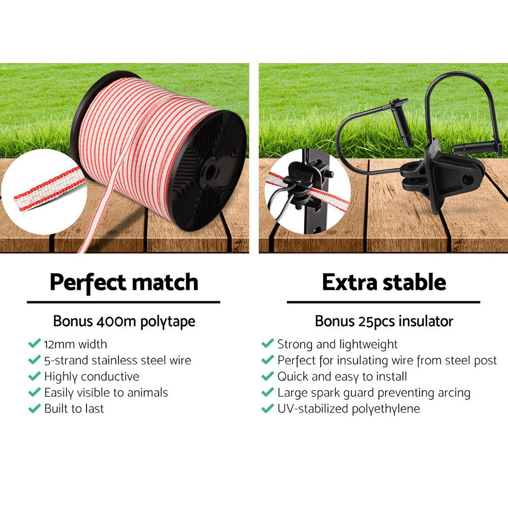 Fence Energiser 3Km Solar Powered Electric 400M Poly Tape Insulator