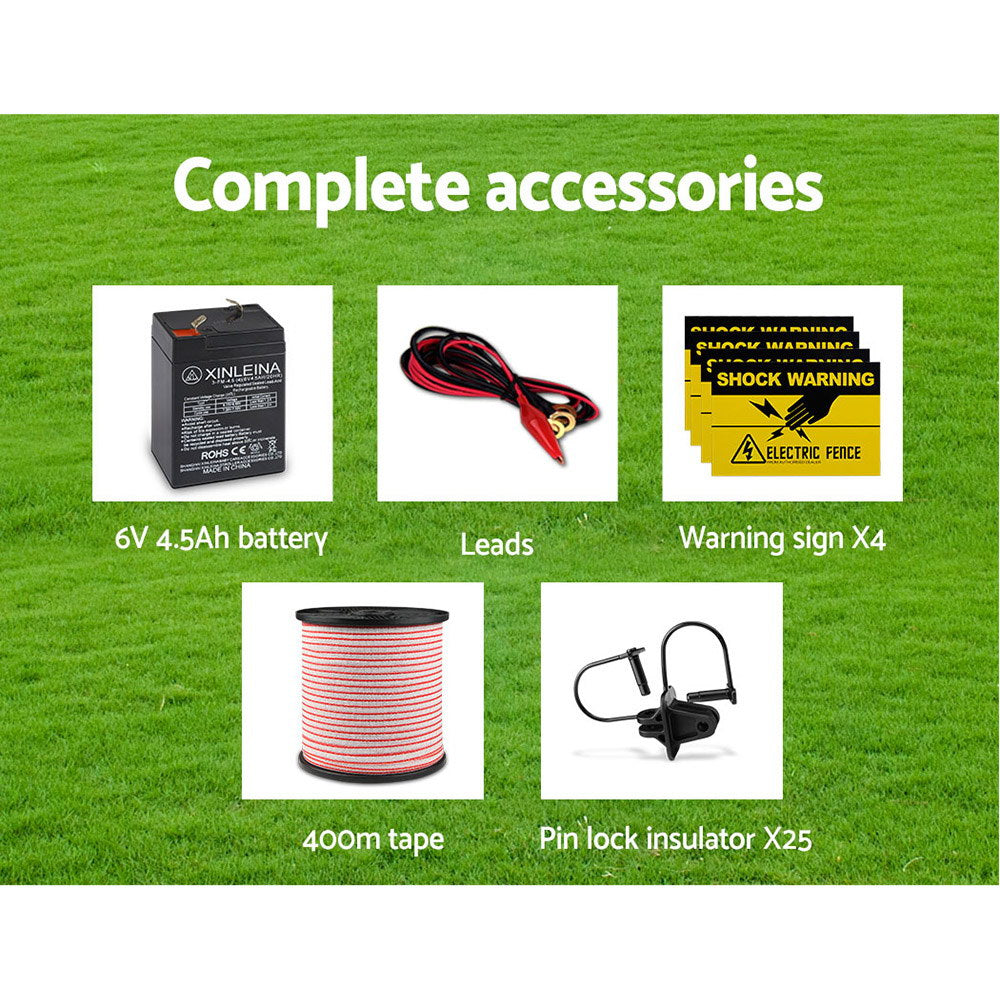 Fence Energiser 3Km Solar Powered Electric 400M Poly Tape Insulator