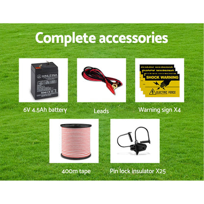 Fence Energiser 3Km Solar Powered Electric 400M Poly Tape Insulator