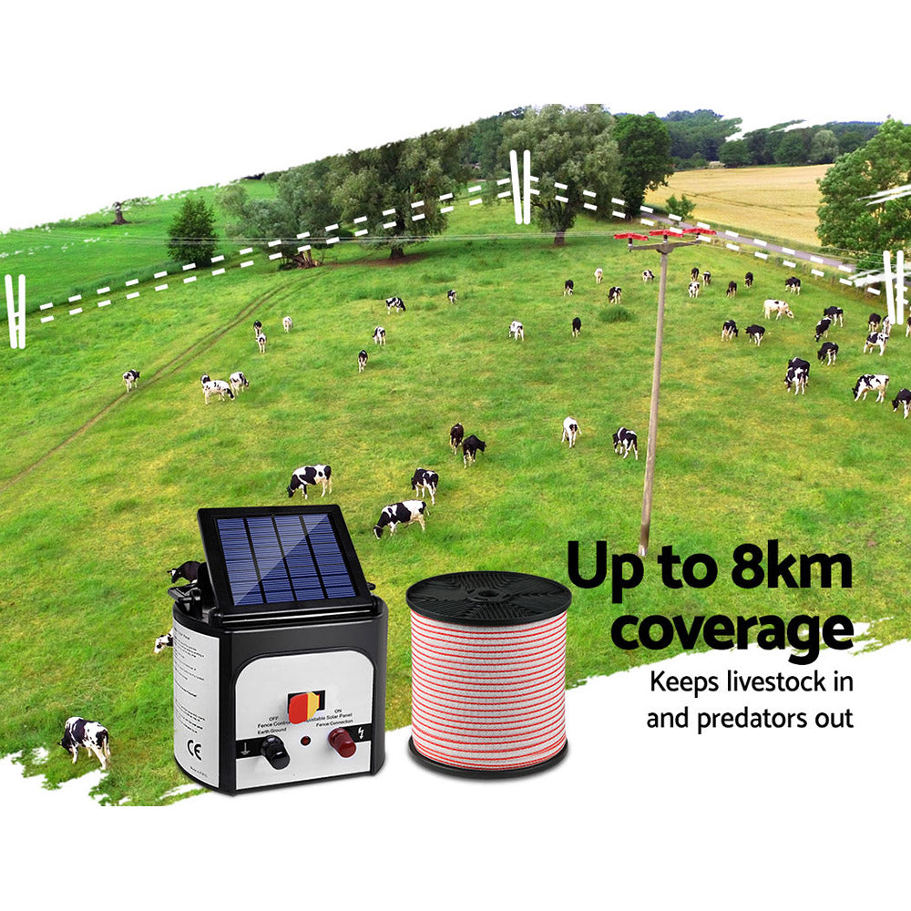 Fence Energiser 8Km Solar Powered Electric 400M Poly Tape Insulator