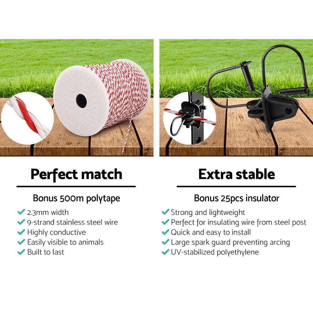 Fence Energiser 3Km Solar Powered Electric 500M Poly Wire Insulator