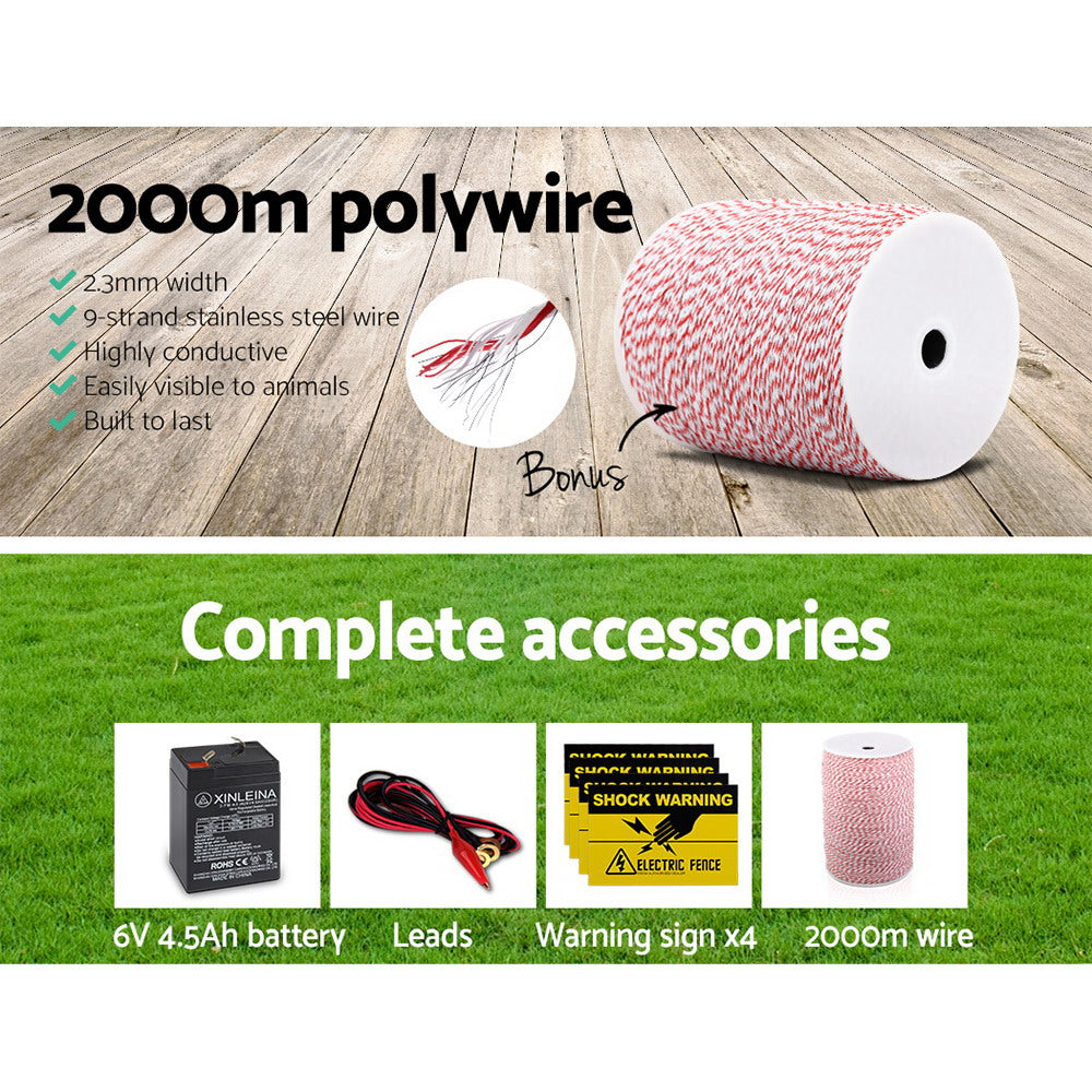 Fence Energiser 3Km Solar Powered Electric 2Km Poly Wire