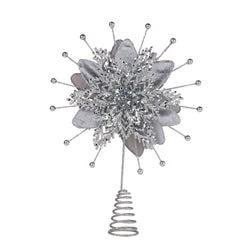 Christmas Tree Topper Poinsettia Decoration Ornament Shimmering Silver Glittered