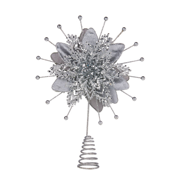  Christmas Tree Topper Poinsettia Decoration Ornament Shimmering Silver Glittered
