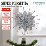 Christmas Tree Topper Poinsettia Decoration Ornament Shimmering Silver Glittered