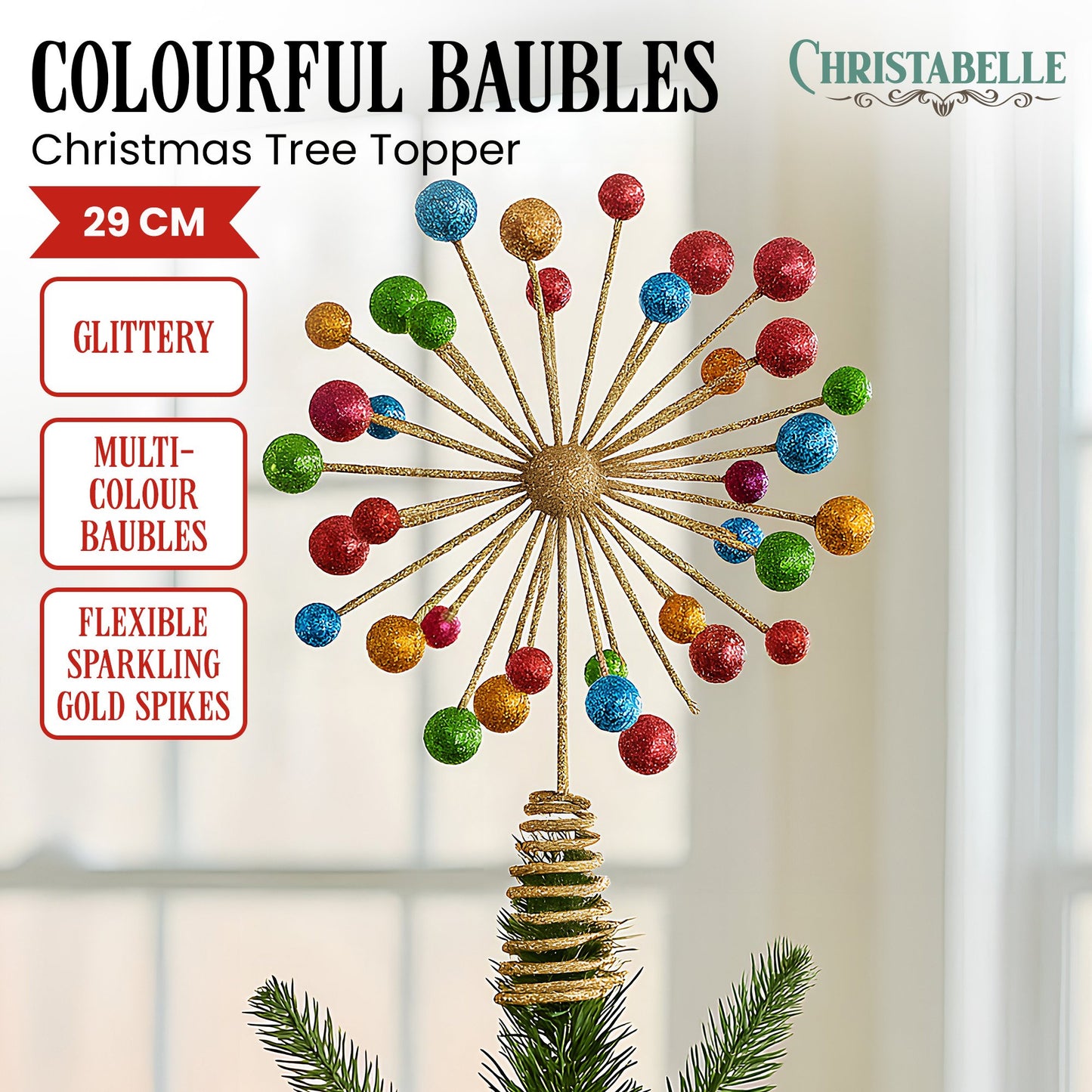 Christmas Tree Topper Glittery Baubles Gold Decoration Multi-Colour Ornaments