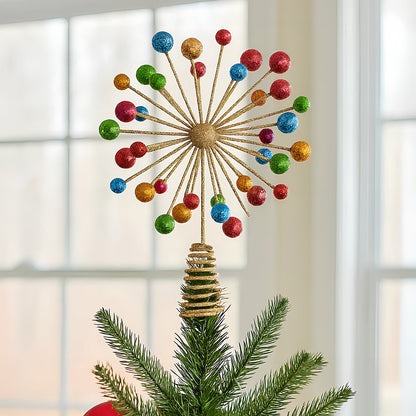 Christmas Tree Topper Glittery Baubles Gold Decoration Multi-Colour Ornaments