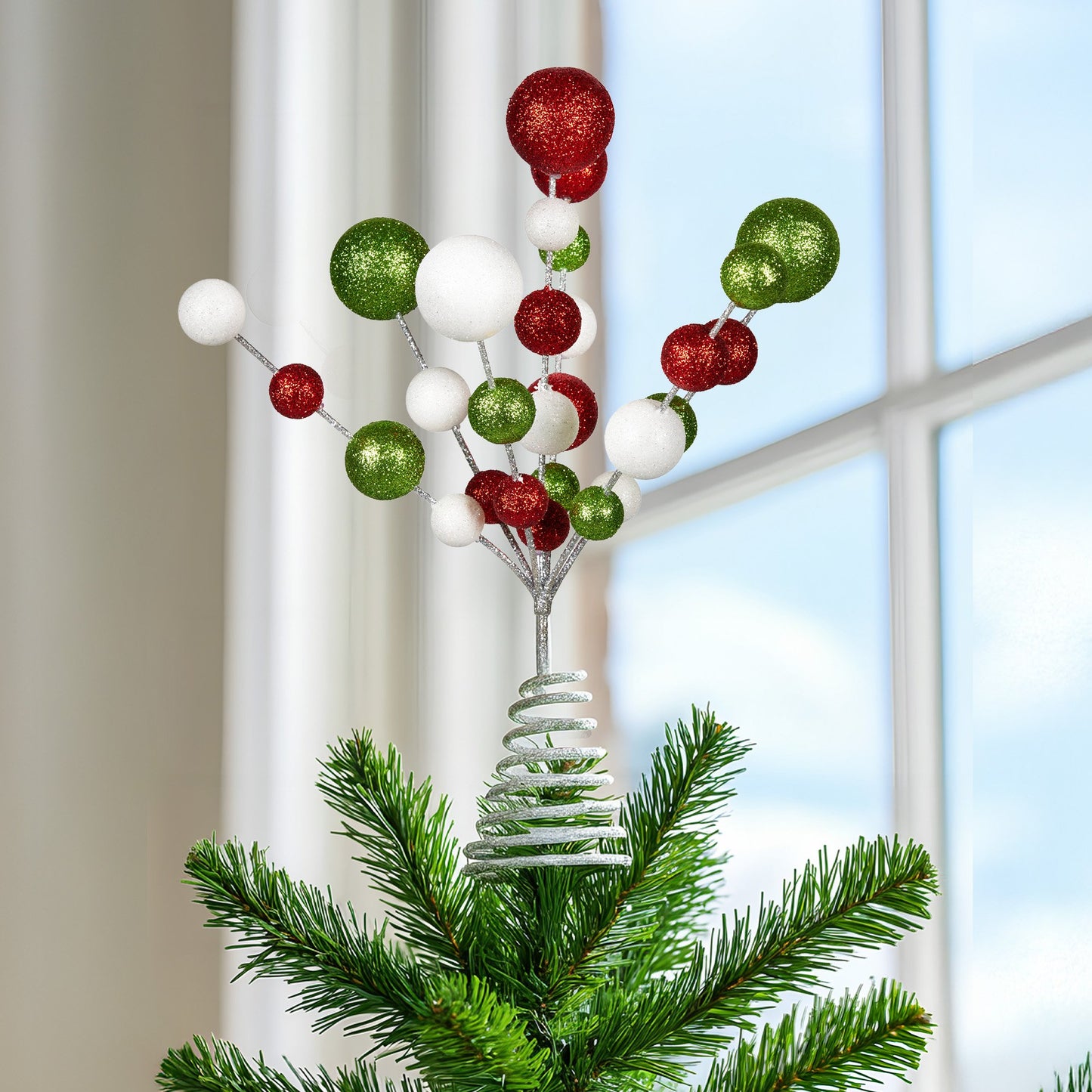 Colourful Baubles Christmas Tree Topper with Festive Glitter Finish Decoration Orn