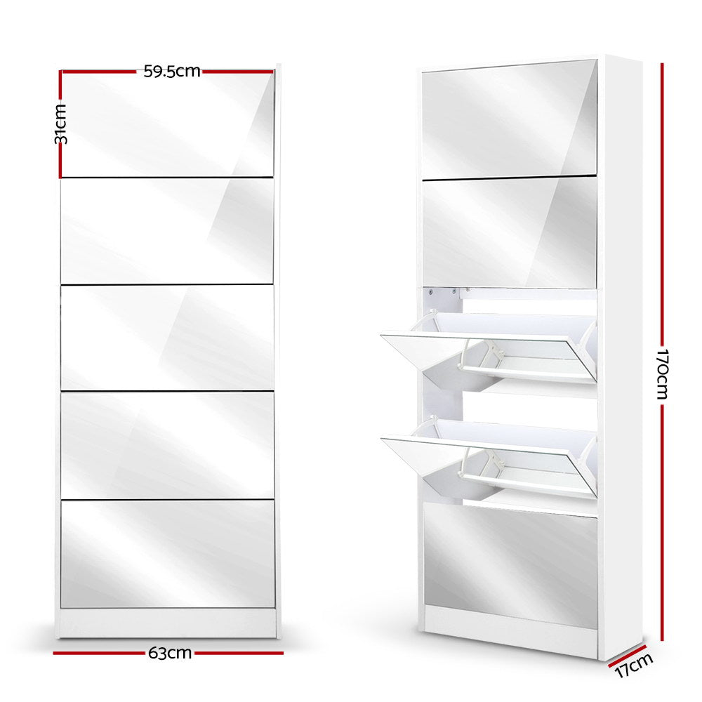 5 Drawer Mirrored Wooden Shoe Cabinet - White