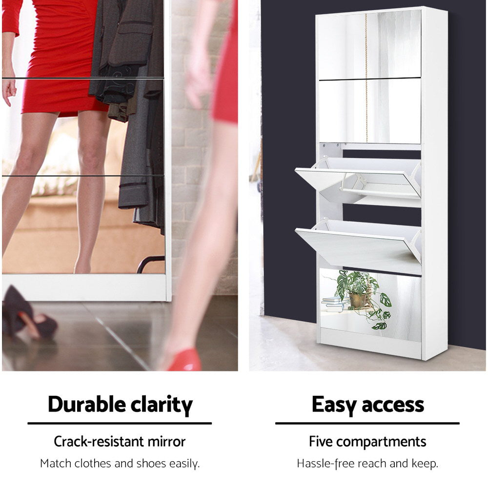 5 Drawer Mirrored Wooden Shoe Cabinet - White