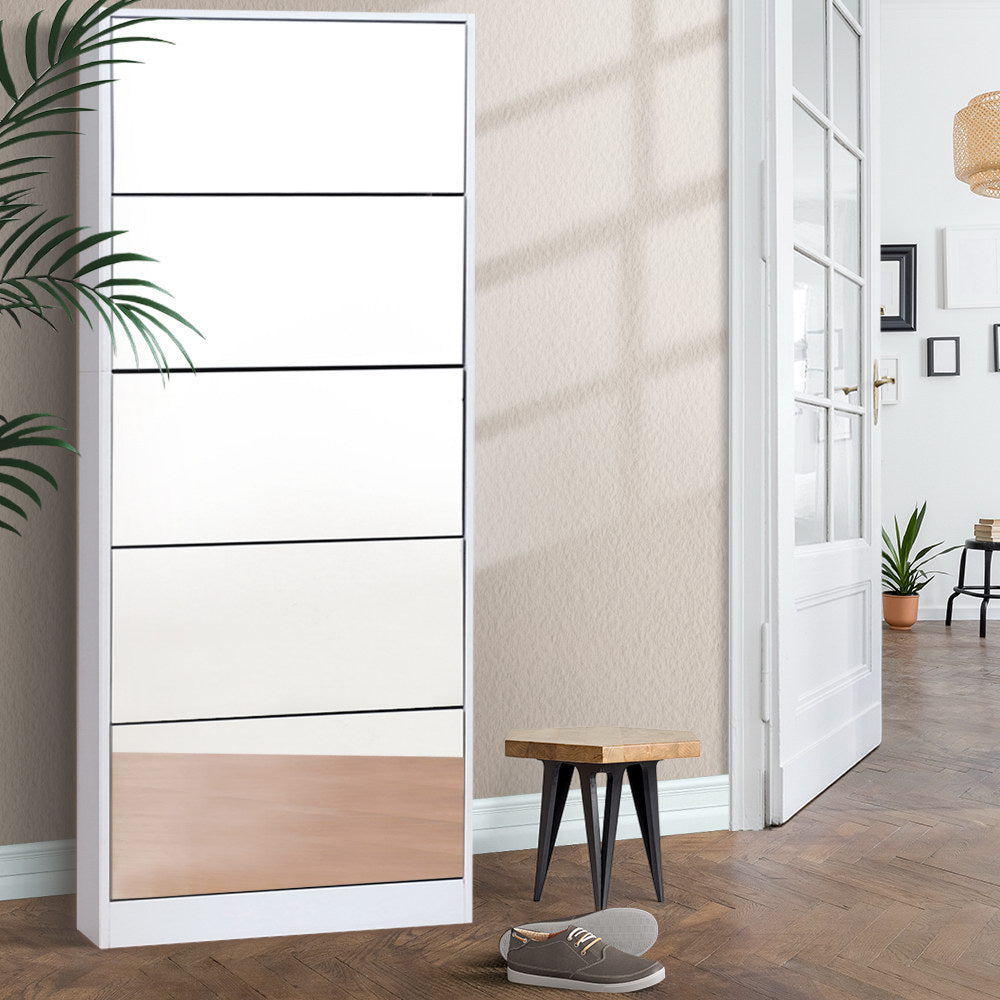 5 Drawer Mirrored Wooden Shoe Cabinet - White
