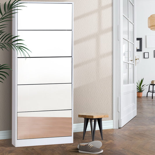 5 Drawer Mirrored Wooden Shoe Cabinet - White