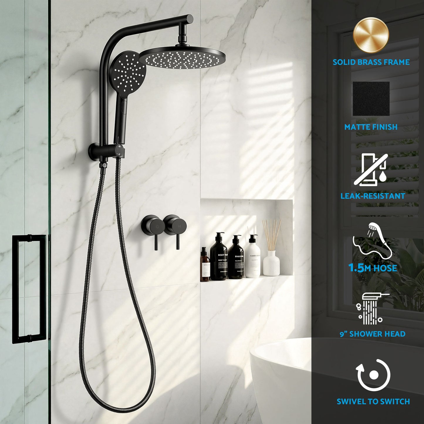 9 Inch Rain Shower Head Set Twin Taps Chrome | HomeAndLiving