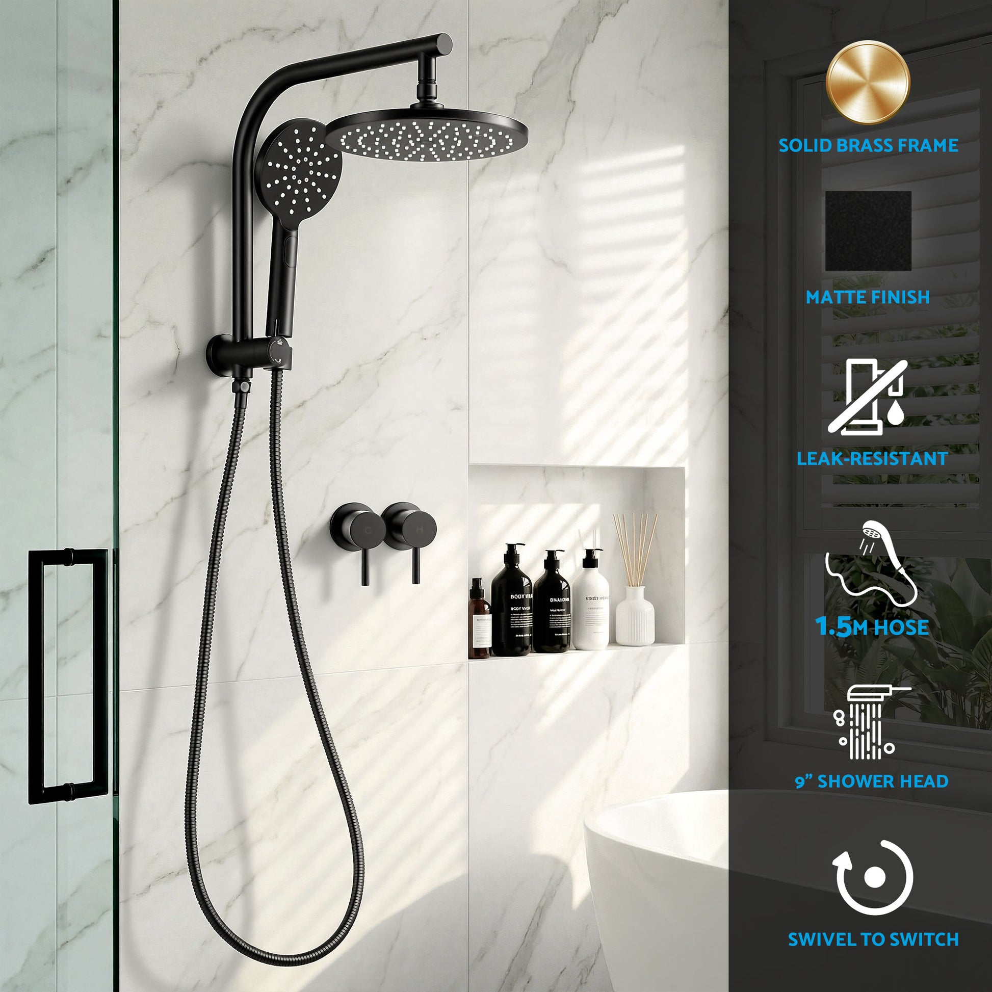 9 Inch Rain Shower Head Set Twin Taps Chrome | HomeAndLiving