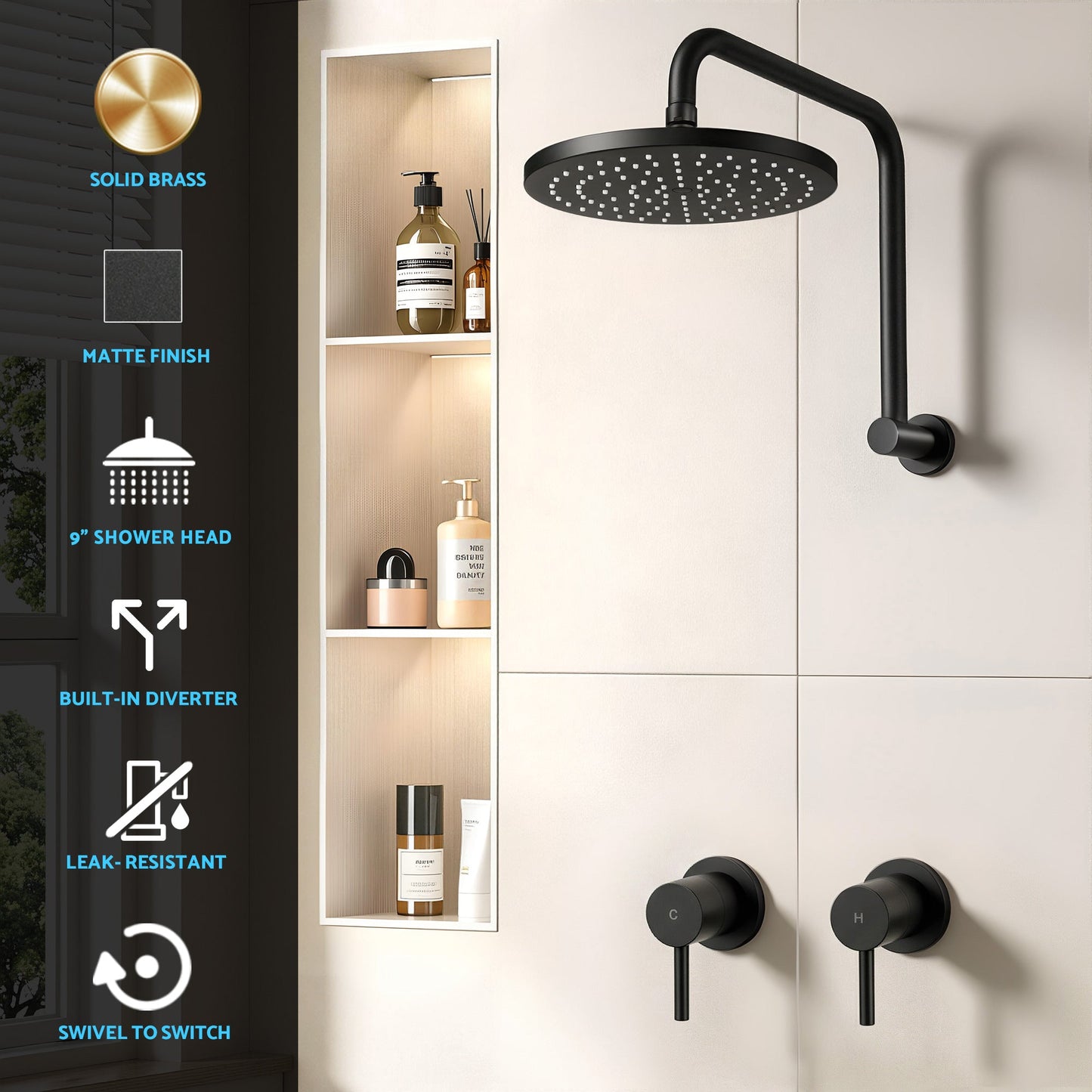 9 Inch Rainfall Shower Head Twin Swivel Wall Tap | Home & Living