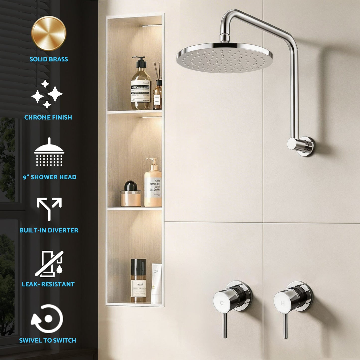 9 Inch Rain Shower Head Twin Wall Tap Silver | Home & Living
