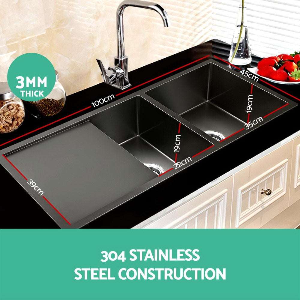 Kitchen Sink 100X45Cm Stainless Steel Basin Double Bowl Laundry Black