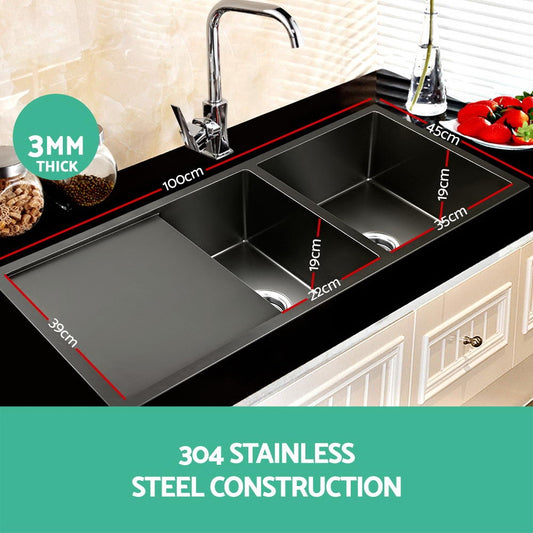 Kitchen Sink 100X45Cm Stainless Steel Basin Double Bowl Laundry Black