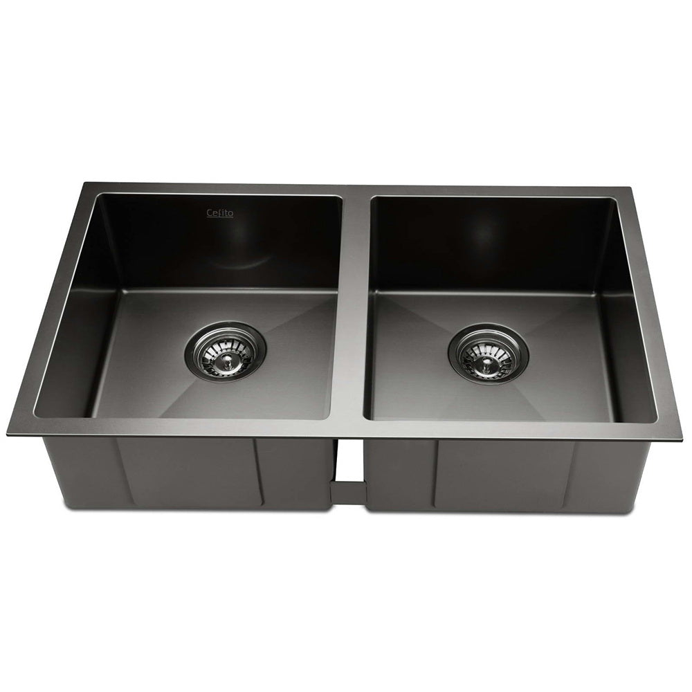 Kitchen Sink 77X45Cm Stainless Steel Basin Double Bowl Laundry Black